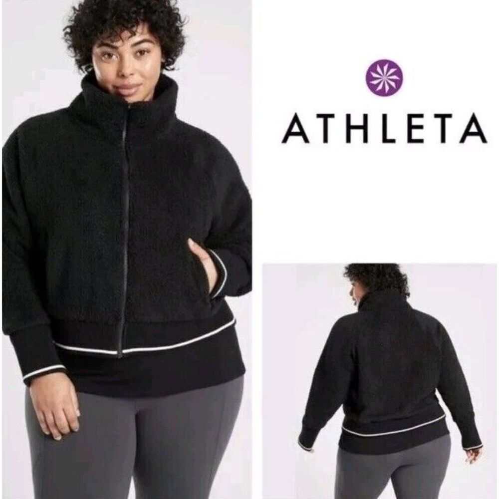 Athleta‎ Black Tugga Sherpa Jacket 2X MSRP $128 NWT Black With White Stripe
